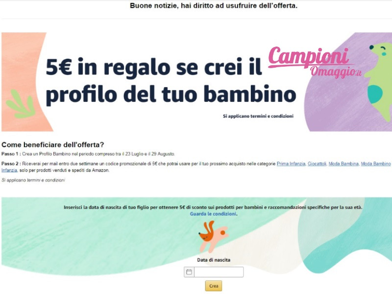 Amazon ricevi un buono da 5€ se crei un “profilo bambino” Offerte e
